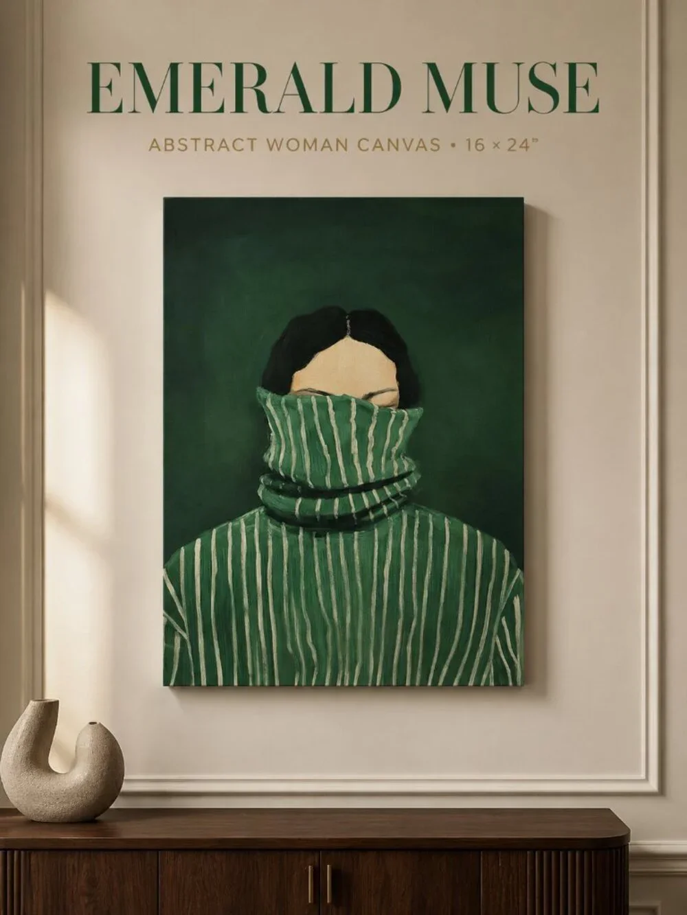 Emerald Green Abstract Woman Canvas Wall Art 16x24 Japandi Portrait